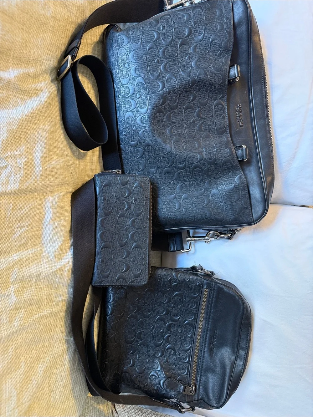 Coach Black Signature Embossed Leather Messenger and Crossbody Set